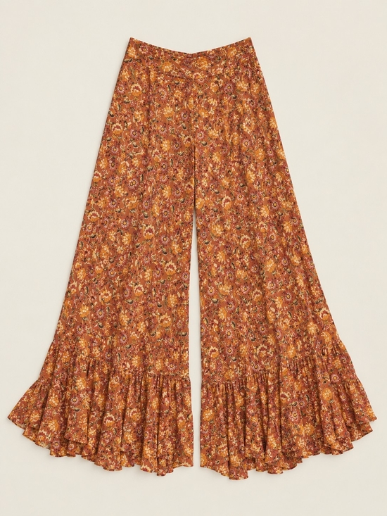 SHEIN Pants - SHEIN Rust Floral Wide-Leg Ruffle Hem Pants